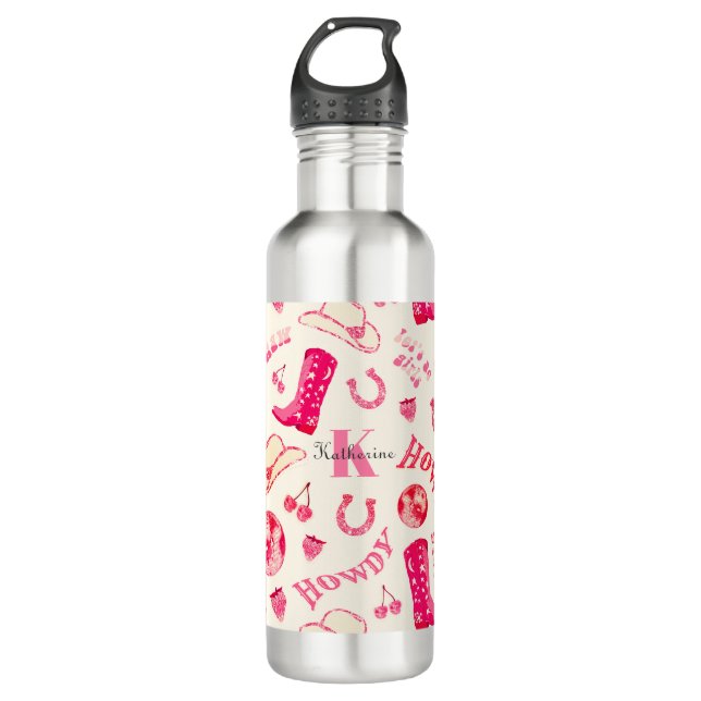 Cute Girly Pink Disco Cowgirl Name Monogram Stainless Steel Water Bottle (Front)