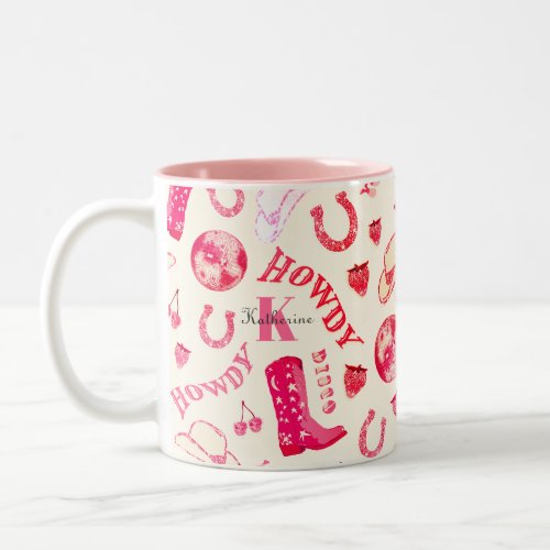 Cute Girly Pink Disco Cowgirl Name Monogram Two_Tone Coffee Mug