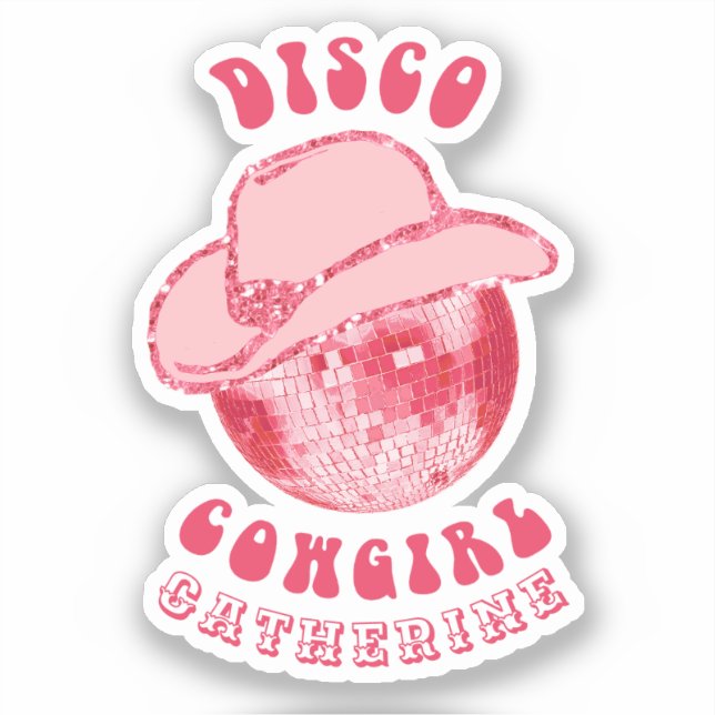 Cute Girly Pink Disco Cowgirl Name Sticker (Front)
