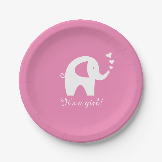 Cute girly pink elephant baby shower paper plates (Front)