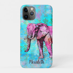 Cute Girly Pink Elephant Blue Watercolor Trendy iPhone 11 Pro Case