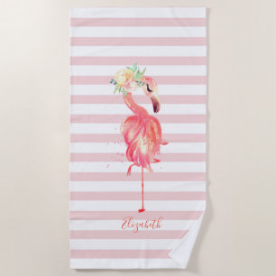 Cute Girly Pink Flamingo Flower Stripes Beach Towel