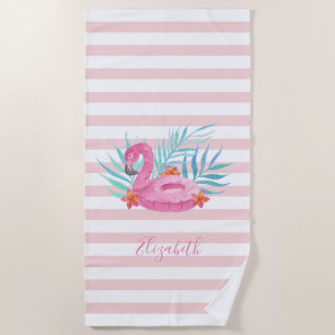 Cute Girly Pink Flamingo,Palm Leaves, Stripes Beach Towel