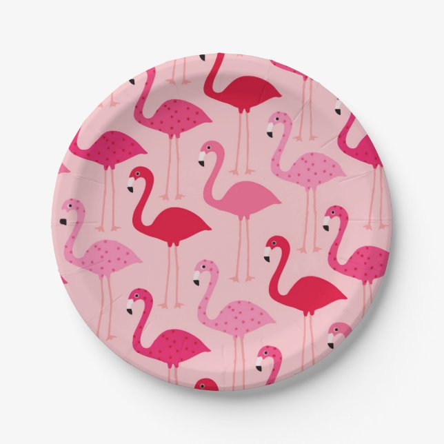 Cute Girly Pink Flamingo Pattern Paper Plates (Front)