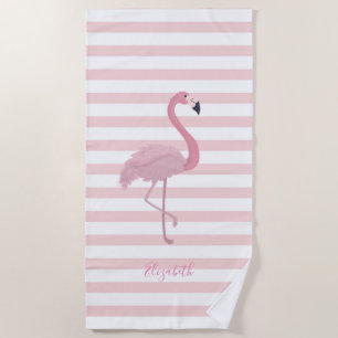Cute Girly Pink Flamingo , Stripes -Personalized Beach Towel