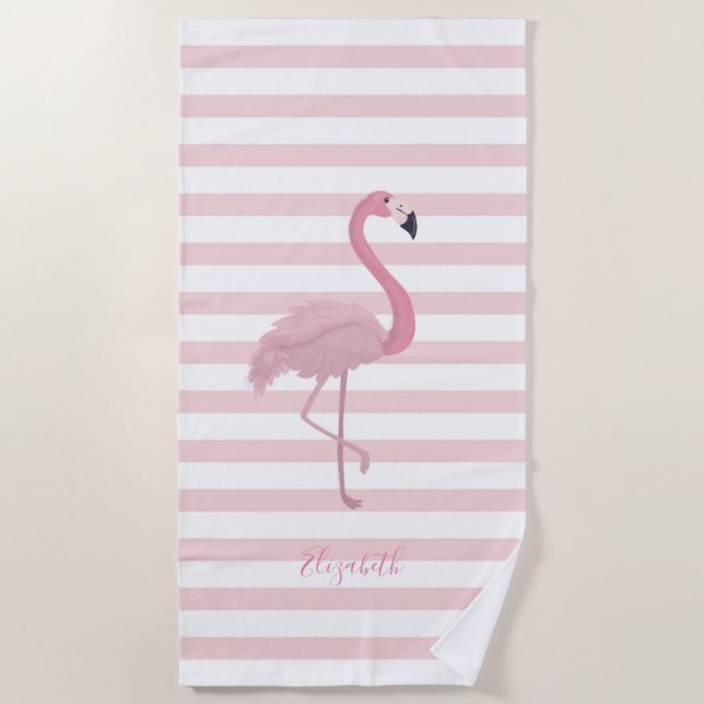 Cute Girly Pink Flamingo , Stripes  -Personalized Beach Towel (Front)