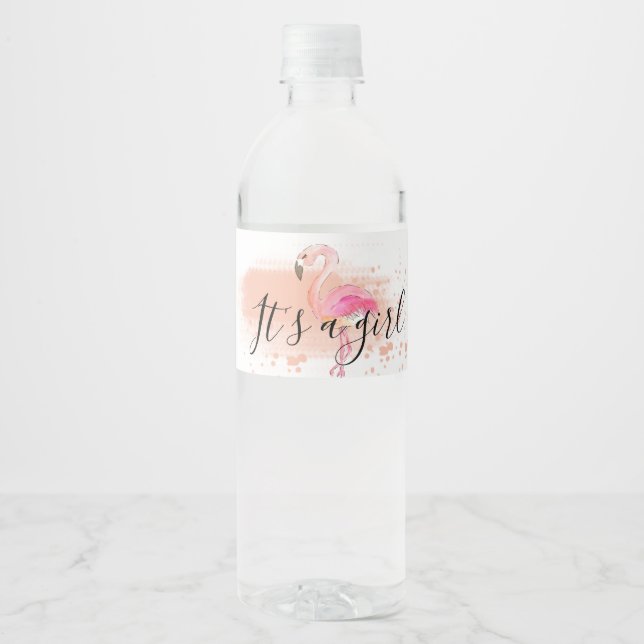 Cute girly pink flamingo waterbottle label (Front)