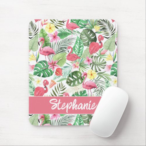 Cute Girly Pink Flamingos Tropical Leaves Floral  Mouse Pad