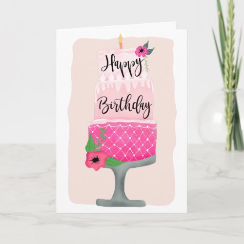 Cute girly pink floral birthday cake illustration card