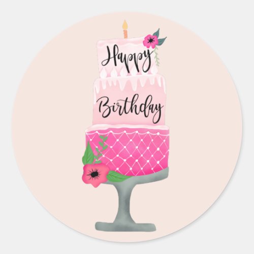 Cute girly pink floral birthday cake illustration classic round sticker