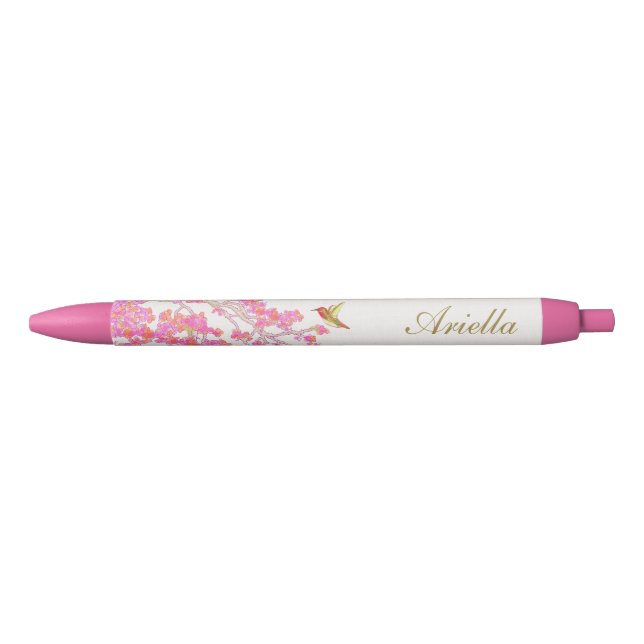 Cute Girly Pink  Floral Flowers Personalized Name Pen (Front)