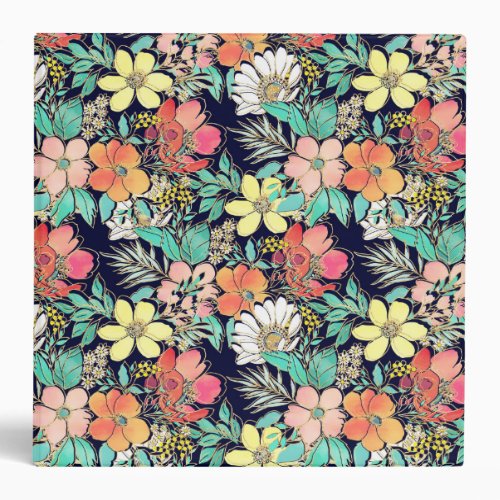 Cute Girly Pink Floral Golden Strokes Design 3 Ring Binder