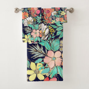 Cute Girly Pink Floral Golden Strokes Design Bath Towel Set