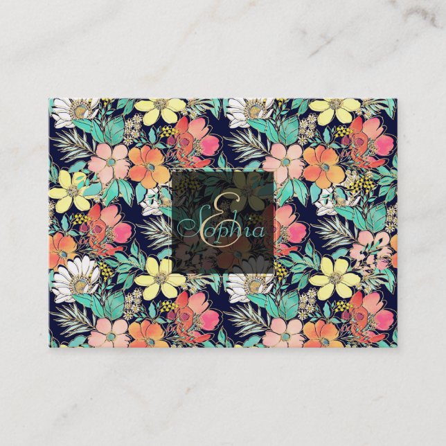 Cute Girly Pink Floral Golden Strokes Design Business Card (Front)