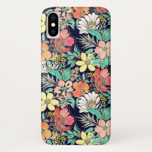 Cute Girly Pink Floral Golden Strokes Design iPhone X Case