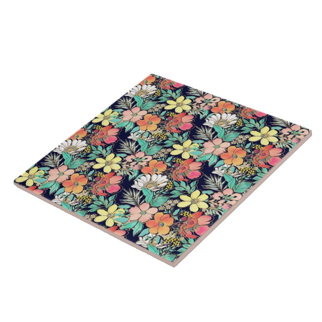 Cute Girly Pink Floral Golden Strokes Design Ceramic Tile (Side)