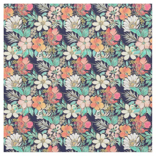 Cute Girly Pink Floral Golden Strokes Design Fabric