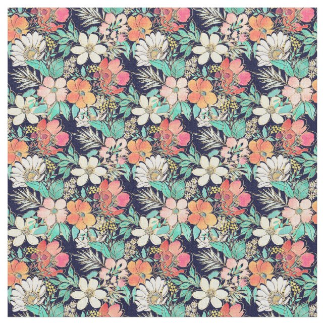 Cute Girly Pink Floral Golden Strokes Design Fabric (Close Up)
