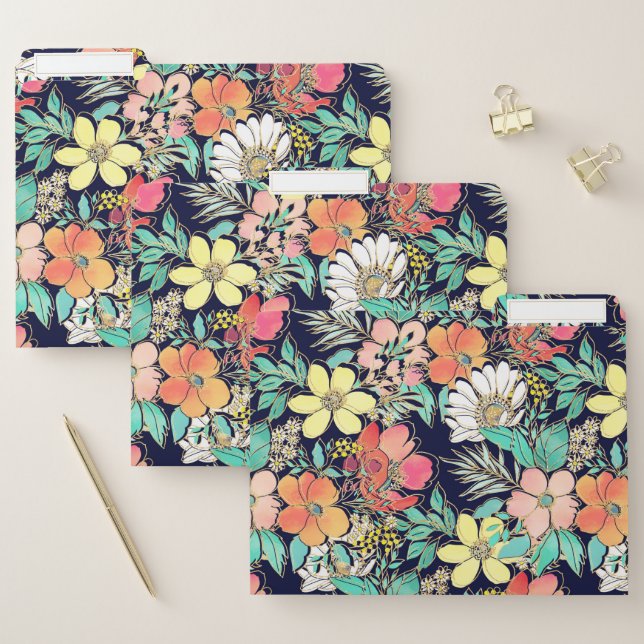 Cute Girly Pink Floral Golden Strokes Design File Folder (Set)