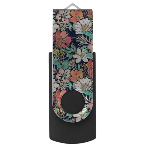 Cute Girly Pink Floral Golden Strokes Design Flash Drive