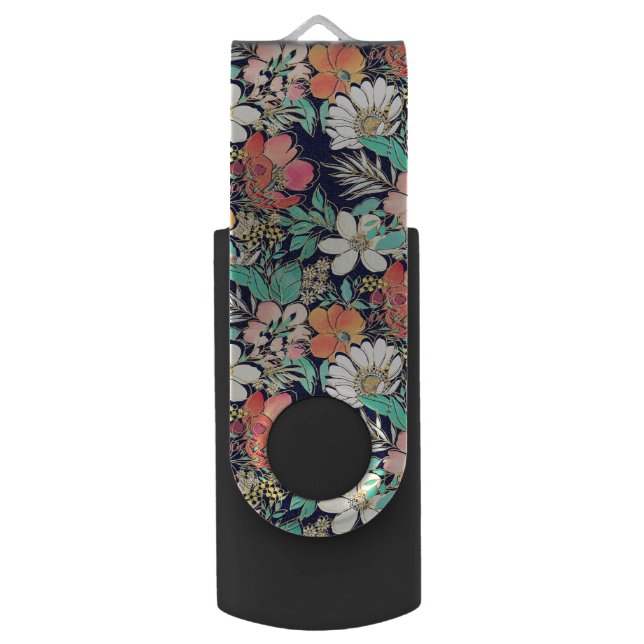 Cute Girly Pink Floral Golden Strokes Design Flash Drive (Front Vertical)