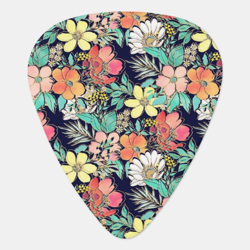 Cute Girly Pink Floral Golden Strokes Design Guitar Pick