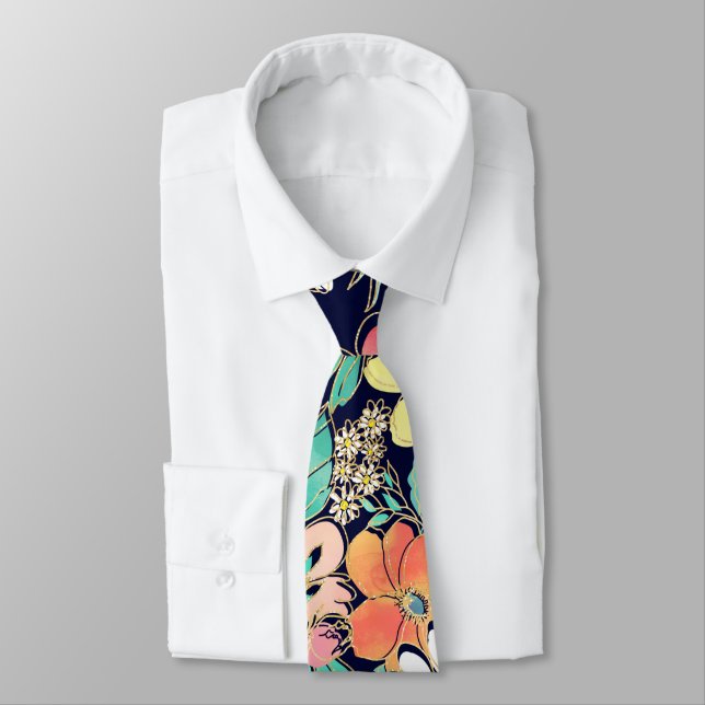 Cute Girly Pink Floral Golden Strokes Design Neck Tie (Tied)