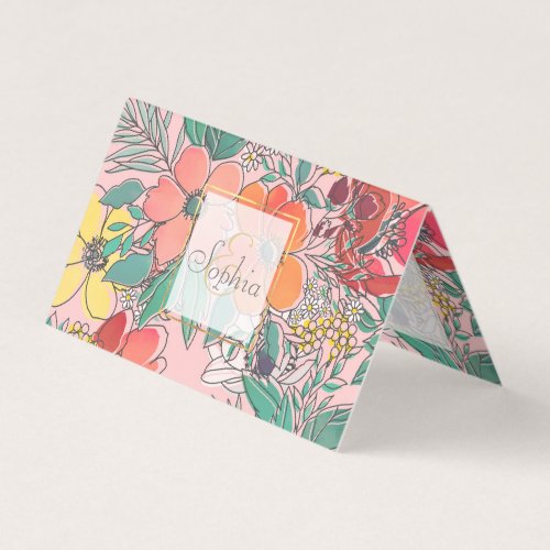 Cute girly pink floral hand drawn design business card