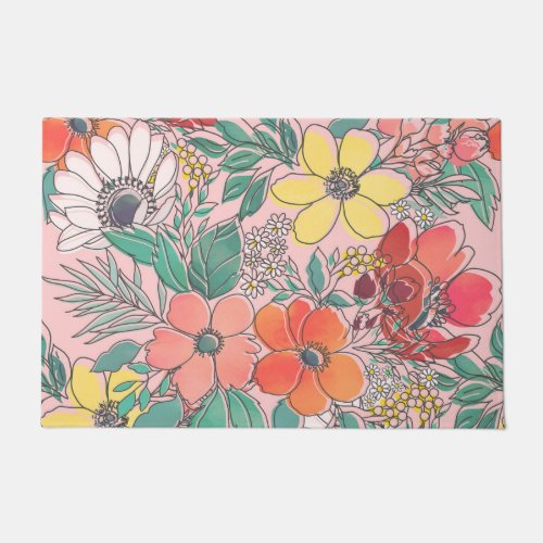 Cute girly pink floral hand drawn design doormat