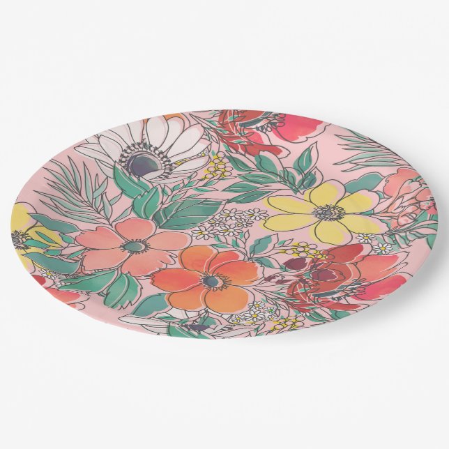 Cute girly pink floral hand drawn design paper plates (Angled)