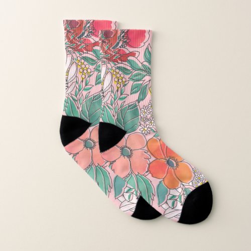 Cute girly pink floral hand drawn design socks