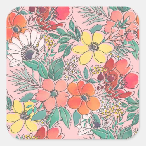 Cute girly pink floral hand drawn design square sticker