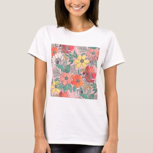 Cute girly pink floral hand drawn design T_Shirt