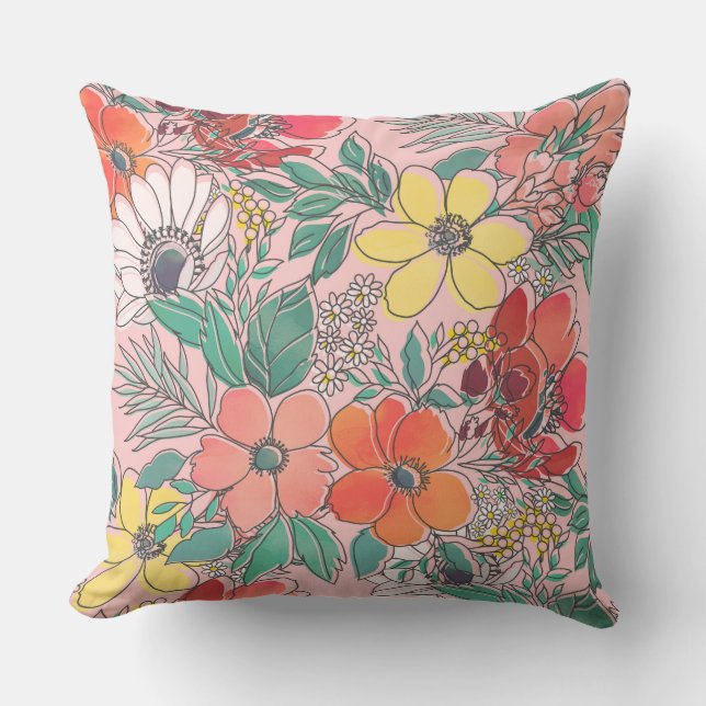 Cute girly pink floral hand drawn design throw pillow (Front)