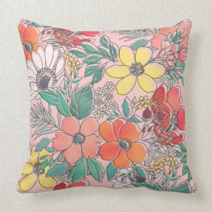 Cute girly pink floral hand drawn design throw pillow
