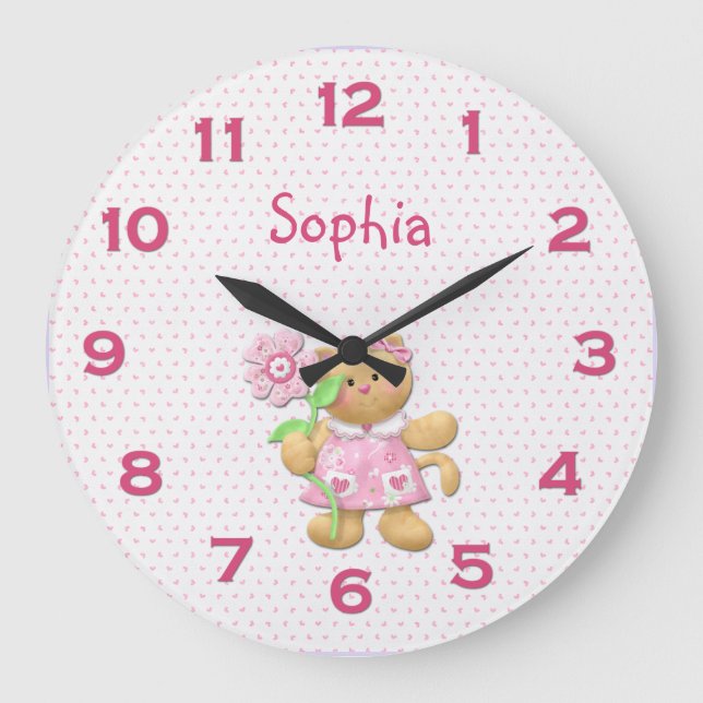 Cute Girly Pink Floral Kitten Wall Clock (Front)