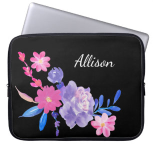 Cute Girly Pink Floral Monogrammed Laptop Sleeve