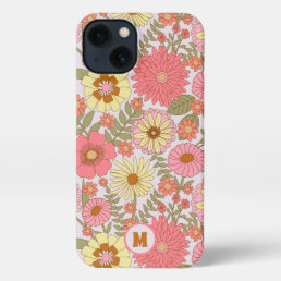 Cute Girly Pink Floral Pattern Monogrammed iPhone 13 Case