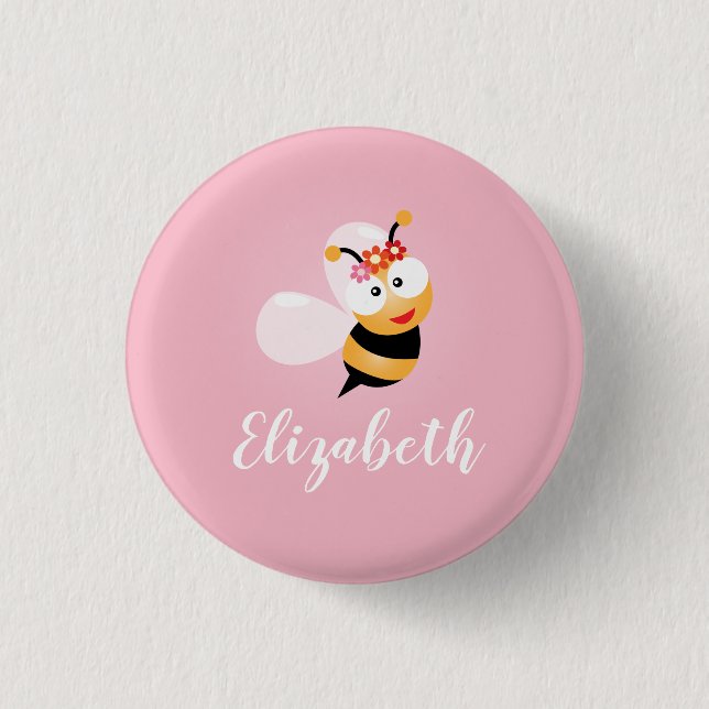 Cute Girly Pink Flower Girl Honey Bee Whimsical Button (Front)