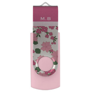 Cute Girly Pink Flower Pattern Monogram Flash Drive