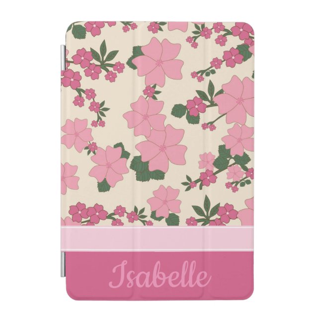 Cute Girly Pink Flower Pattern Personalised iPad Mini Cover (Front)