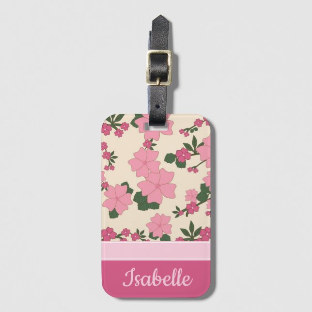 Cute Girly Pink Flower Pattern Personalised Luggage Tag (Front Vertical)