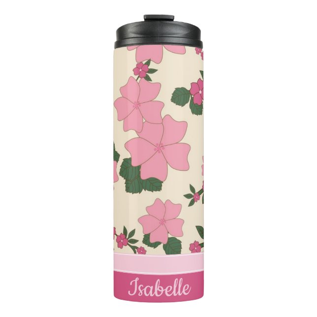 Cute Girly Pink Flower Pattern Personalised Thermal Tumbler (Front)