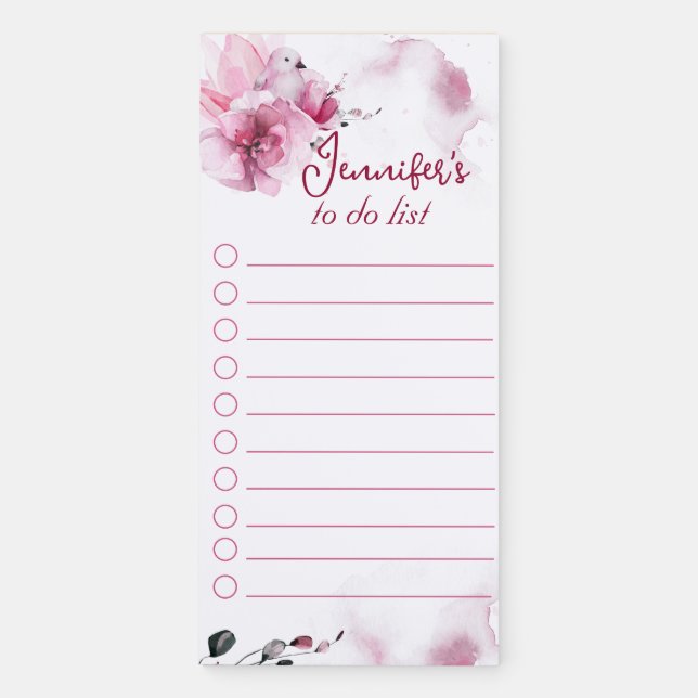Cute Girly Pink Flowers And Bird Magnetic Notepad (Front)