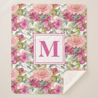 Cute Girly Pink Flowers Sage Green Leaves Monogram Sherpa Blanket