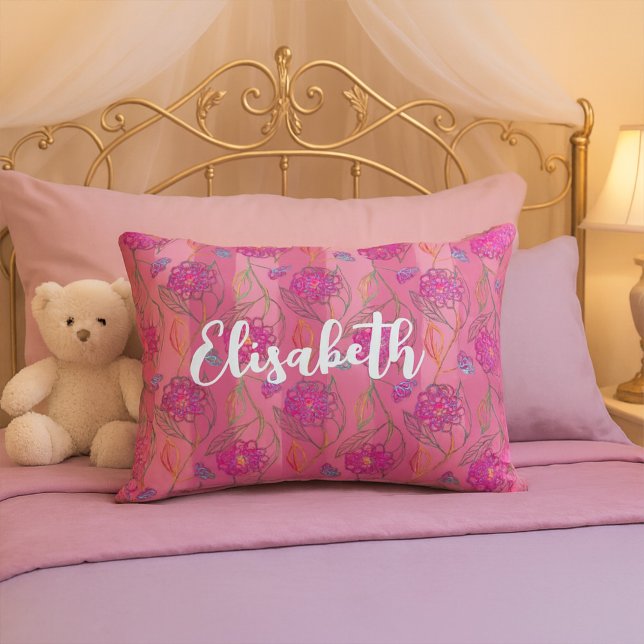 Cute & Girly Pink Flowers Striped Pattern Add Name Accent Pillow (Creator Uploaded)