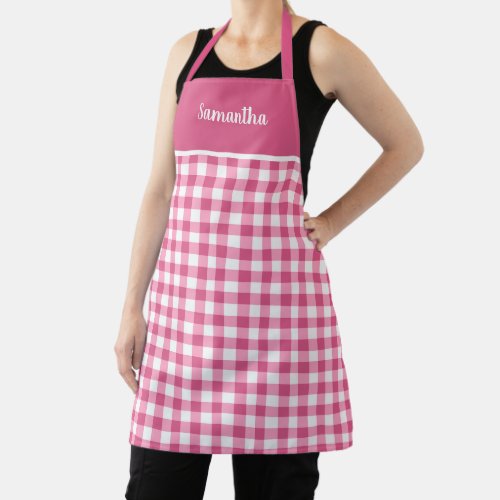 Cute Girly Pink Gingham Name Personalized Apron