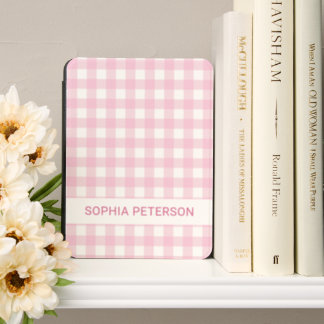 Cute Girly Pink Gingham Pattern Personalized Kindle Cover