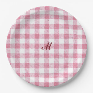 Cute Girly Pink Gingham Plaid Name Monogram Paper Plates