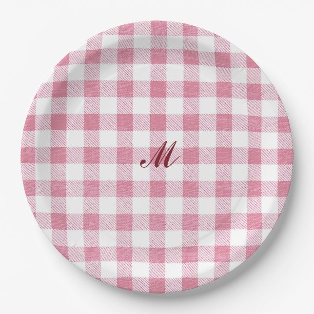 Cute Girly Pink Gingham Plaid Name Monogram Paper Plates (Front)